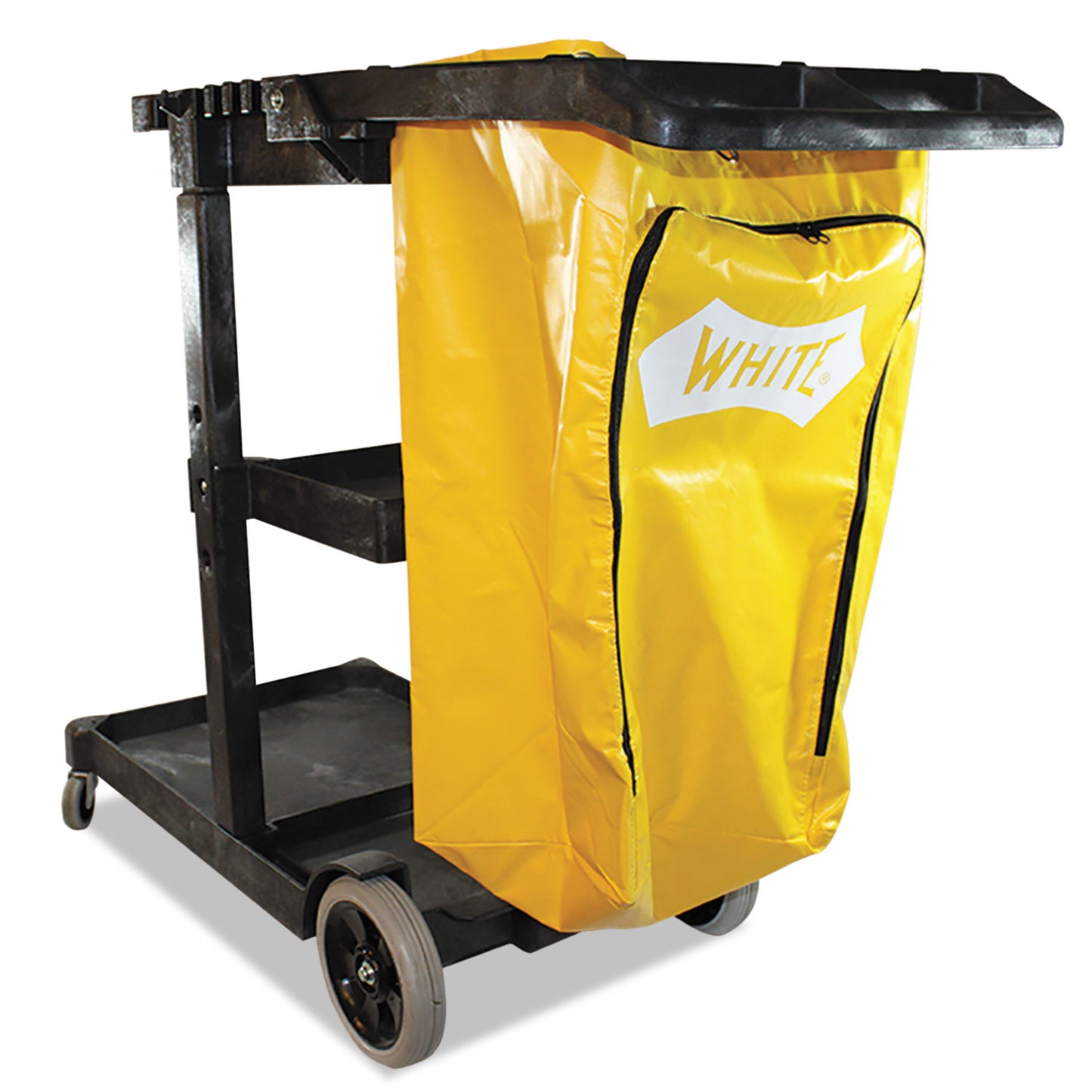 Impact Janitorial Cleaning Cart — 3 Shelves + Vinyl Bag, Yellow/Black