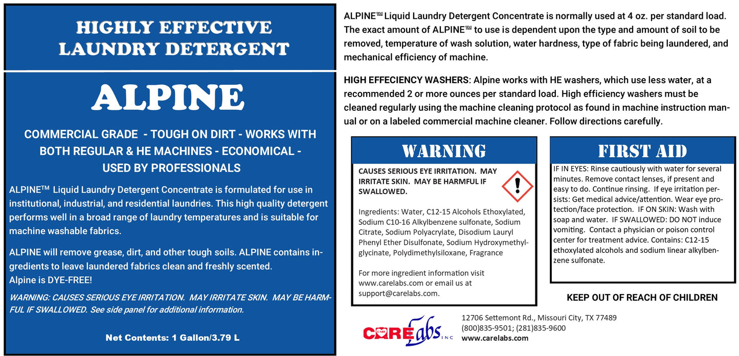 Alpine laundry detergent product banner — 4×1 gallon case format