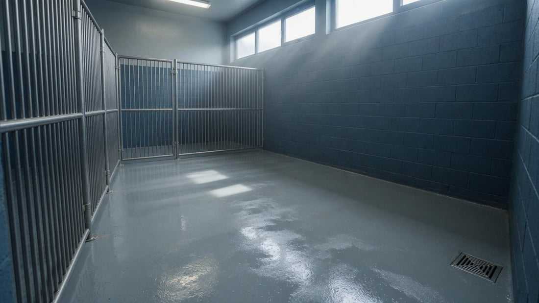 A commercial kennel run with a concrete floor and a floor drain after cleaning.