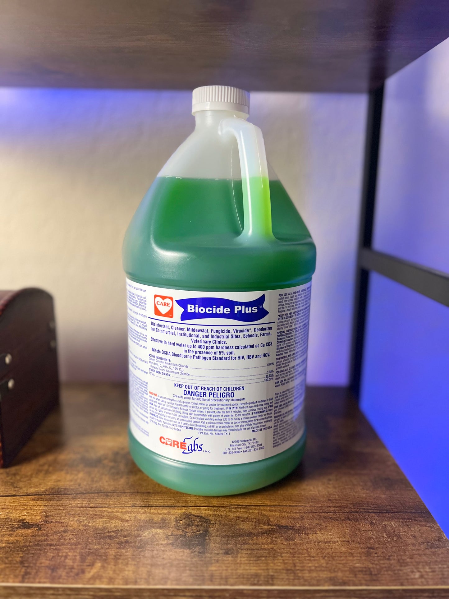 Biocide Plus 1-gallon bottle — studio photo of hospital-grade quat disinfectant