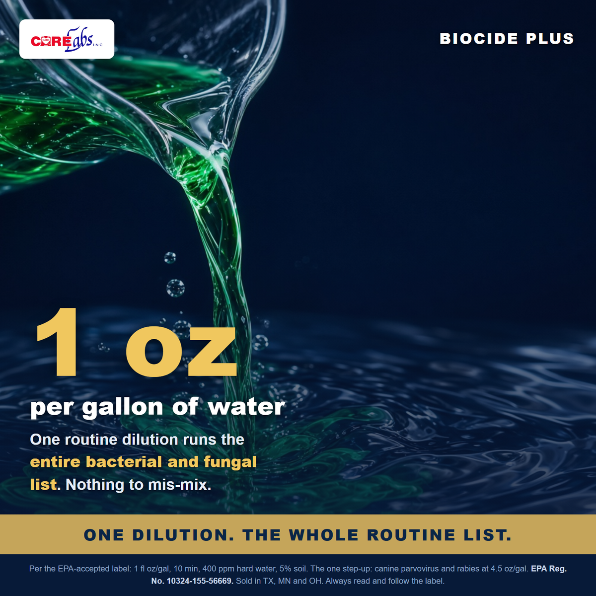 Biocide Plus: 1 oz per gallon of water. One routine dilution runs the entire bacterial and fungal list per the EPA-accepted label.