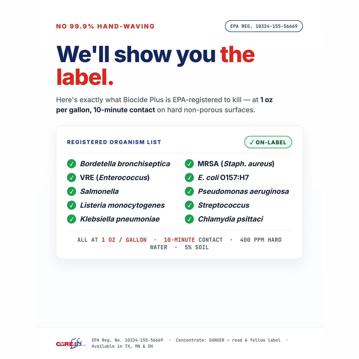 Biocide Plus EPA-registered organism list — MRSA, VRE, Salmonella, E. coli O157:H7, and more