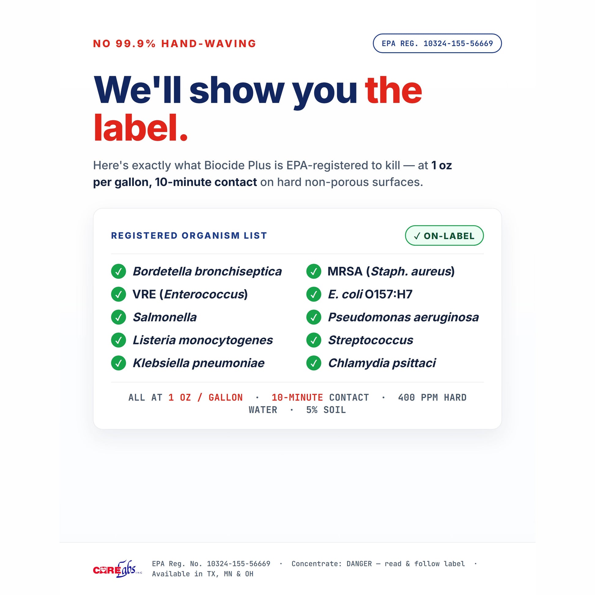 Biocide Plus EPA-registered organism list — MRSA, VRE, Salmonella, E. coli O157:H7, and more