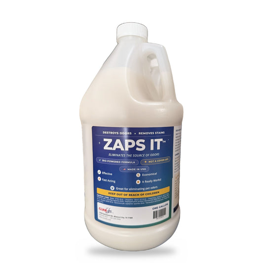 ZAPS IT one-gallon odor eliminator and stain remover concentrate, current label