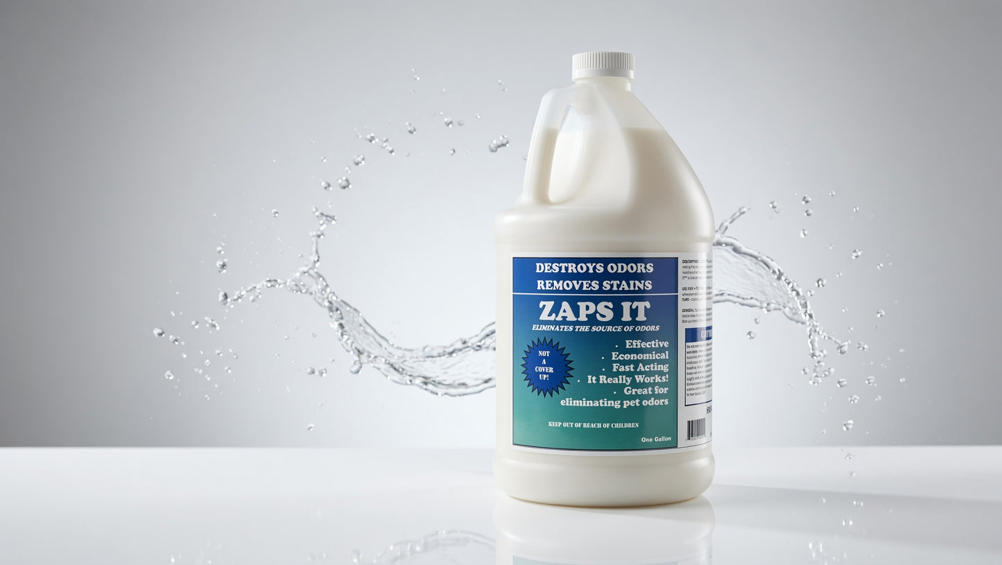 Zaps It one-gallon concentrate with a dynamic water splash