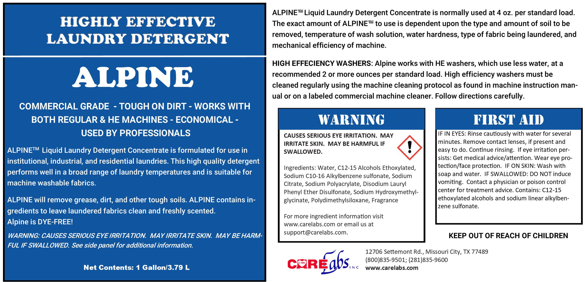 Alpine laundry detergent product banner — 4×1 gallon case format